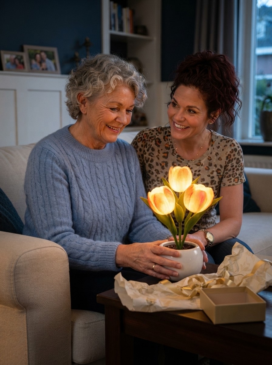 Oma pakt het Tulp Nachtlampje uit met haar dochter