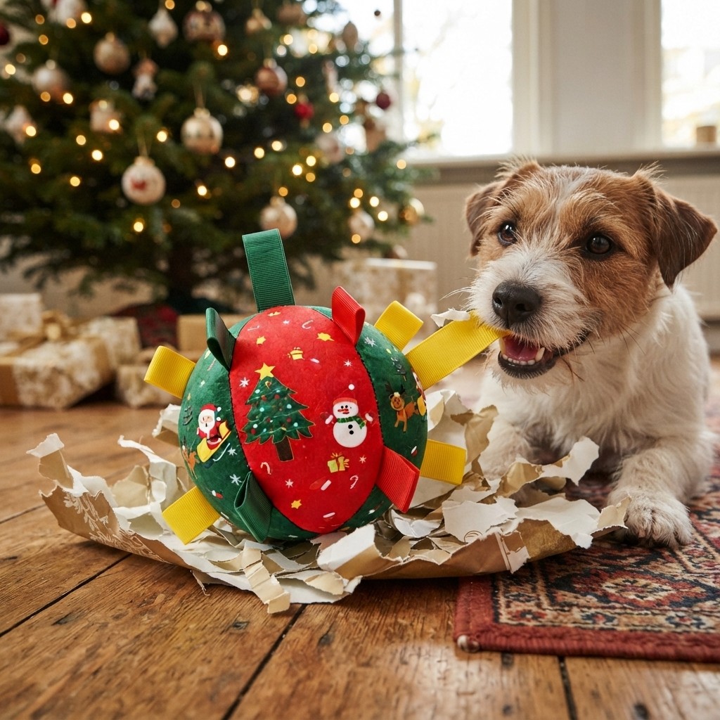 Hond pakt zijn kerstbal uit onder de boom