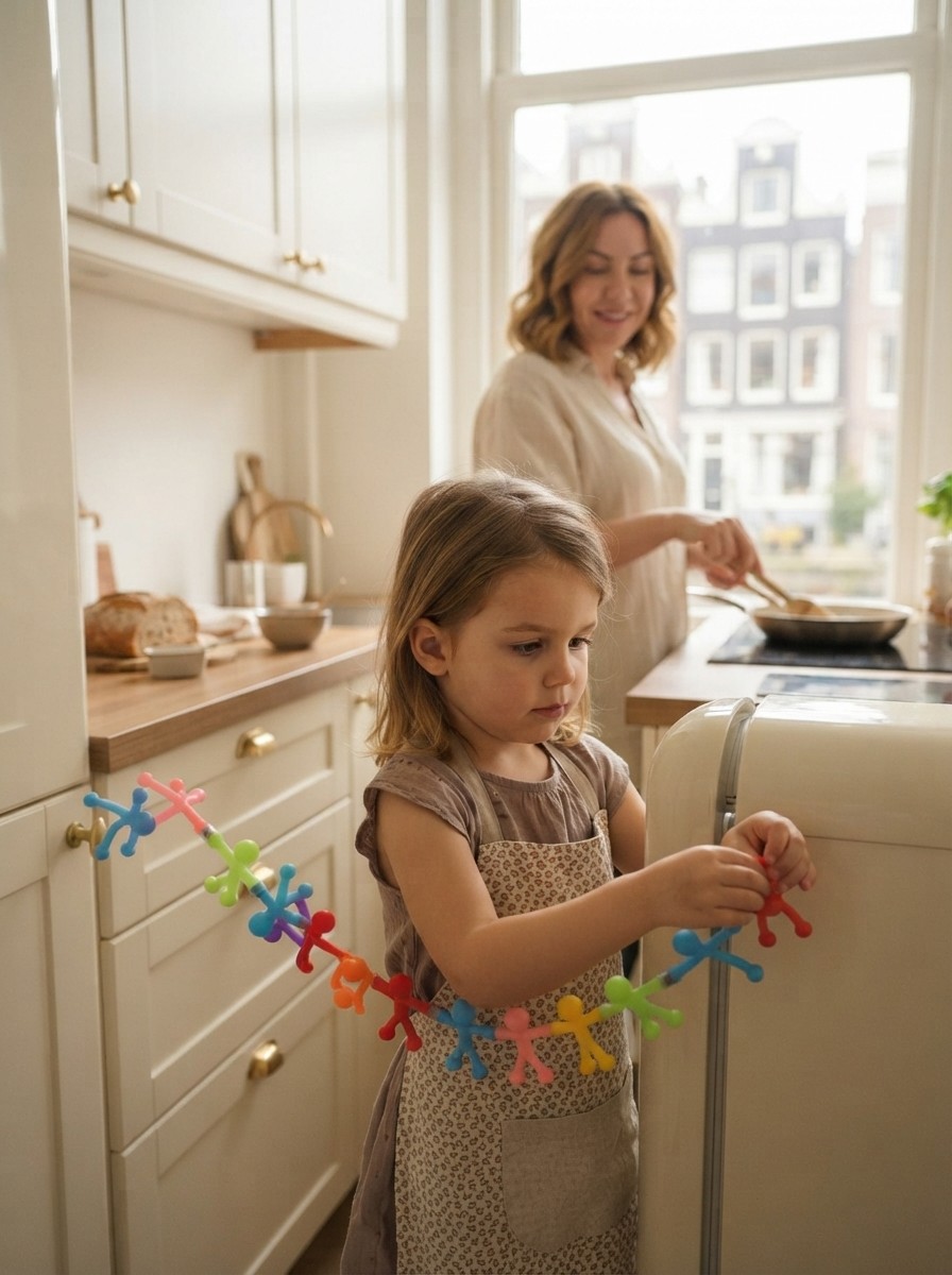 Meisje plakt magnetische poppetjes aan de koelkast