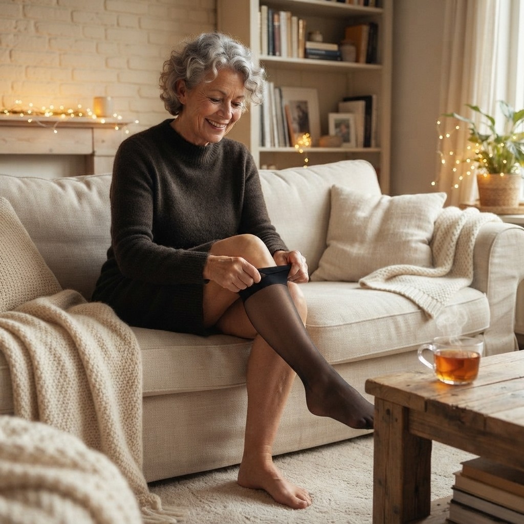 Vrouw trekt de thermo panty aan op de bank